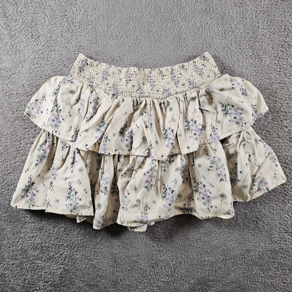 Aerie Floral Tiered Mini Skirt Cream Purple Smocked Waist Size Small